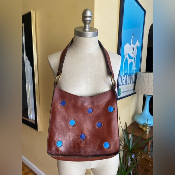 Handbags - vintage brown genuine leather bag with blue polka dots accents